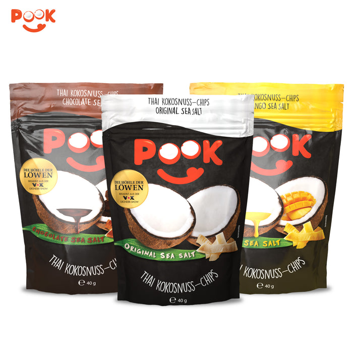 POOK Kokosnuss Chips 3x40 g (jede Sorte 1 Mal)