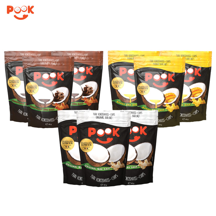 POOK Kokosnuss Chips  Best of Set 9x40 g (jede Sorte 3 Mal)