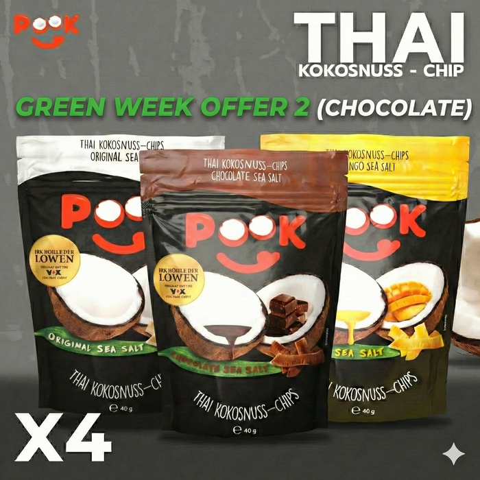 Green Week 2026 - Promotion 2 - POOK Kokosnuss Chips 4 x40 g (jede Sorte 1 Mal + Pook Kokonuss Chips Chocolate 1 Mal )