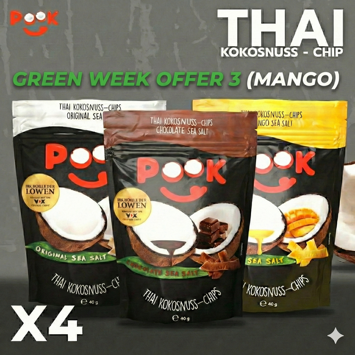 Green Week 2026 - Promotion 3 - POOK Kokosnuss Chips 4 x40 g (jede Sorte 1 Mal + Pook Kokonuss Chips Mango 1 Mal )